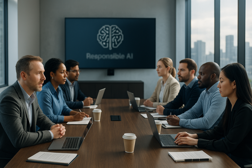 Investigadores y líderes tecnológicos debaten el futuro de la inteligencia artificial responsable en una reunión del centro CRAIG. Representación generada por IA