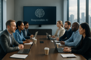 Investigadores y líderes tecnológicos debaten el futuro de la inteligencia artificial responsable en una reunión del centro CRAIG. Representación generada por IA