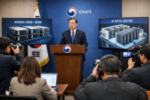El ministro de Ciencia e TIC de Corea del Sur en una rueda de prensa anuncia el programa de distribución de GPUs Nvidia, con pantallas mostrando las unidades y un centro de datos, mientras periodistas registran el evento