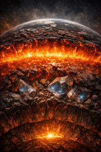 Ilustración fotorrealista del interior profundo de la Tierra primitiva mostrando un océano de magma y cristales de bridgmanita incorporando agua