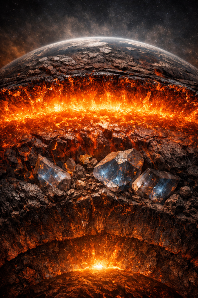 Ilustración fotorrealista del interior profundo de la Tierra primitiva mostrando un océano de magma y cristales de bridgmanita incorporando agua