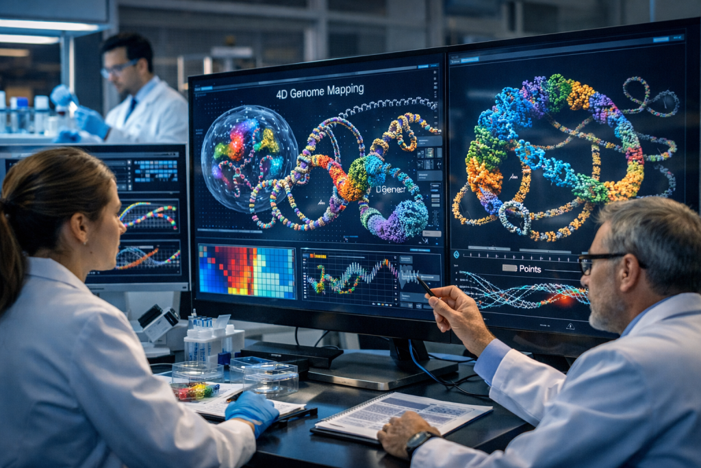 Investigadores analizan en tiempo real la arquitectura tridimensional y dinámica del ADN humano, visualizando bucles y dominios que revelan cómo el genoma se organiza y regula dentro del núcleo celular