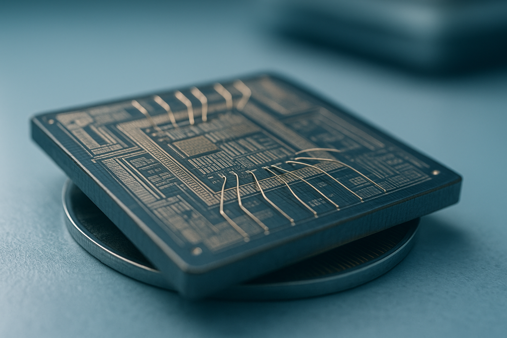 Recreación generada por IA de chip donde el nuevo transistor de nitruro de aluminio demuestra su salto a las ondas milimétricas