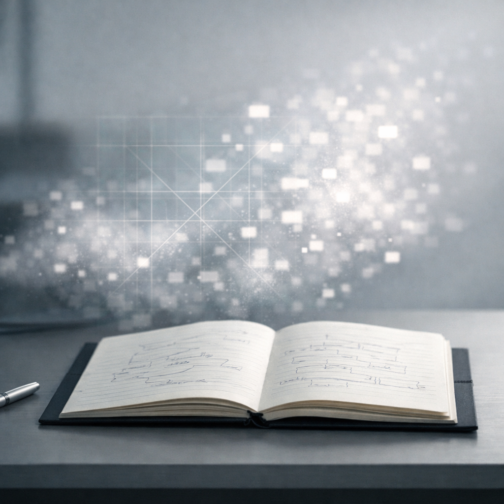 Cuaderno abierto en un escritorio minimalista con una nube abstracta de “tokens” detrás, símbolo de cómo un modelo de lenguaje genera respuestas.