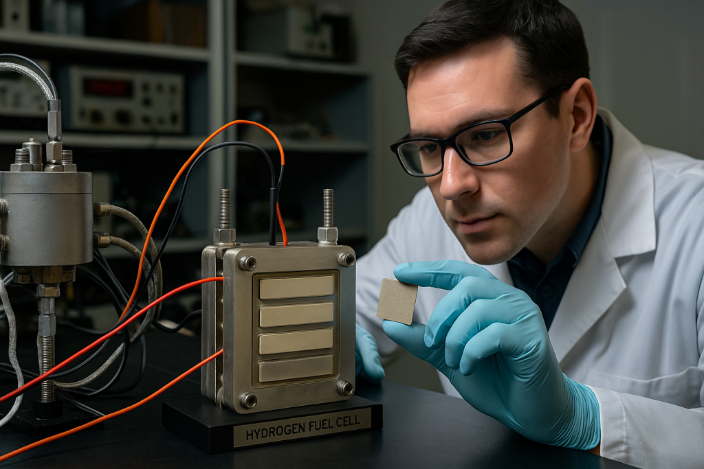Un investigador examina el nuevo electrolito cerámico que permite a las pilas de hidrógeno operar a solo 300 °C