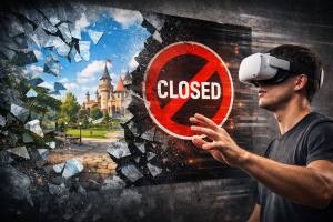 Un usuario de Meta Quest interactúa con un entorno virtual fragmentado, reflejo de los cambios recientes en Horizon y la desaparición de escenarios clásicos