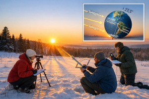 Representación visual del solsticio de invierno, con el Sol bajo en el horizonte y la inclinación del eje terrestre como causa del día más corto del año. Imagen generada por IA