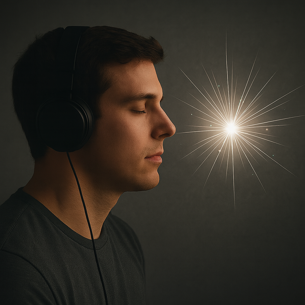 Ilustración generada por IA que representa la interacción entre sonido y percepción visual en el cerebro humano