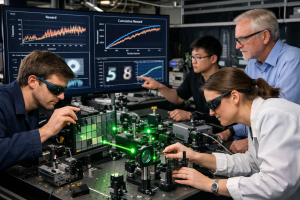 Imagen generada por IA que recrea un laboratorio de computación óptica durante el entrenamiento en tiempo real de un sistema de IA física mediante aprendizaje por refuerzo