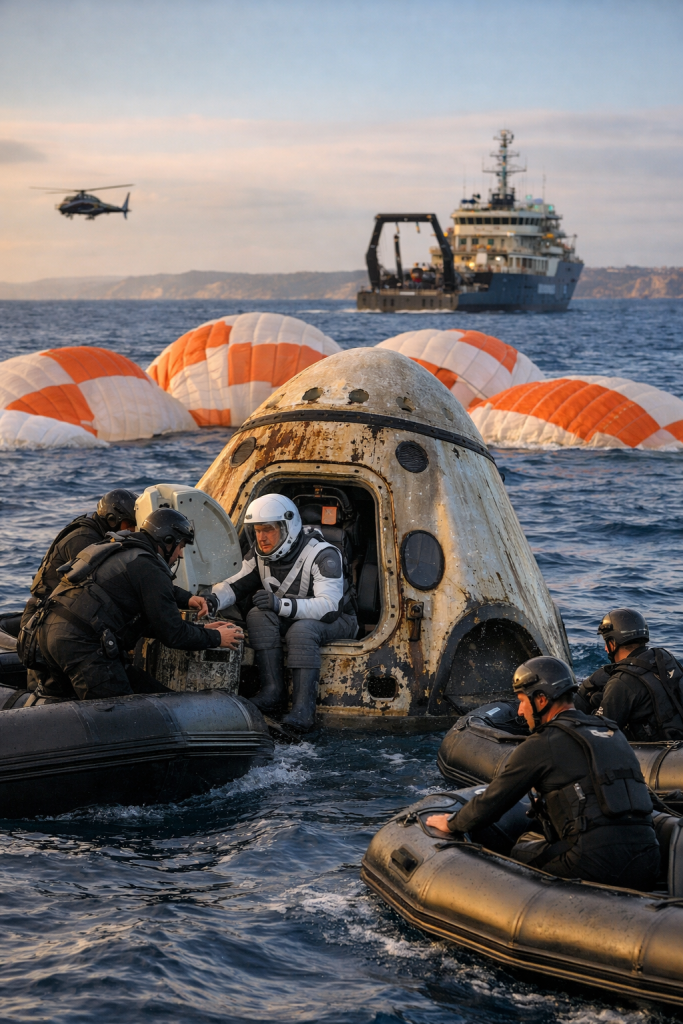 La cápsula Crew Dragon tras el amerizaje, culminando el primer regreso anticipado desde la EEI por motivos médicos