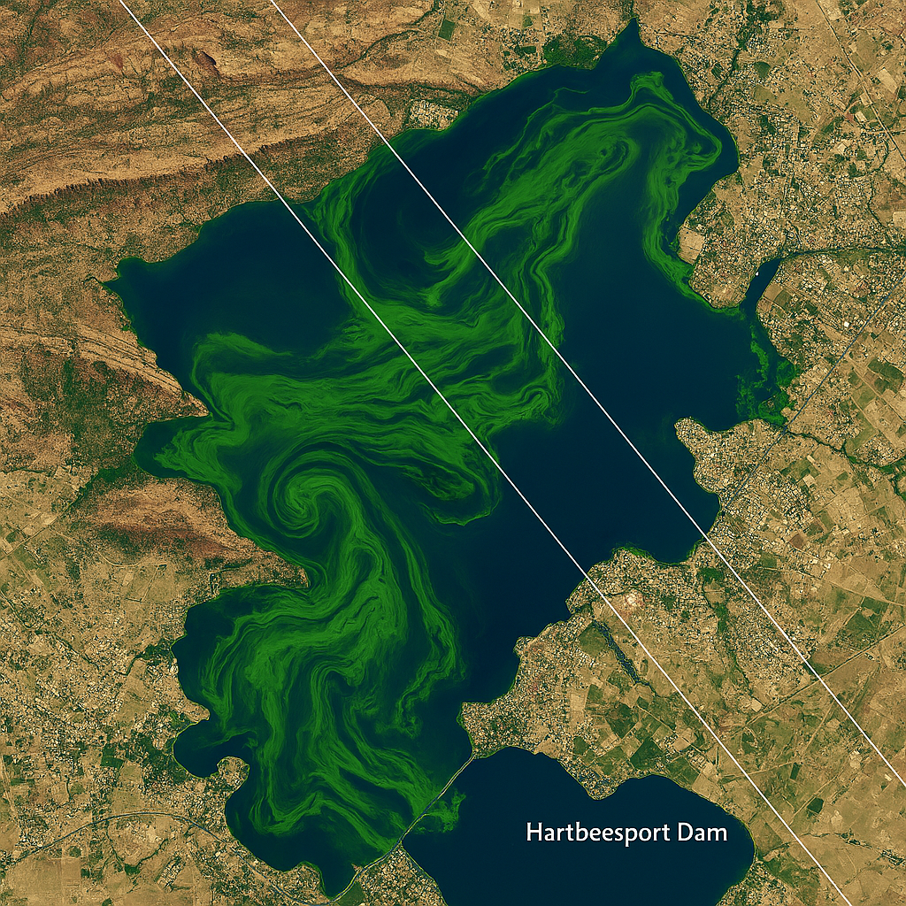 Composición satelital del embalse de Hartbeespoortdam que revela la intensa proliferación de algas verdes sobre aguas profundas, con trazas de observación de Sentinel-2 y Landsat 8 (imagen generada por IA)