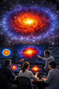 Simulación de un halo galáctico dominado por materia oscura auto-interactiva, donde los gradientes de densidad y energía revelan el inicio de un colapso gravotérmico observado en modelos computacionales avanzados