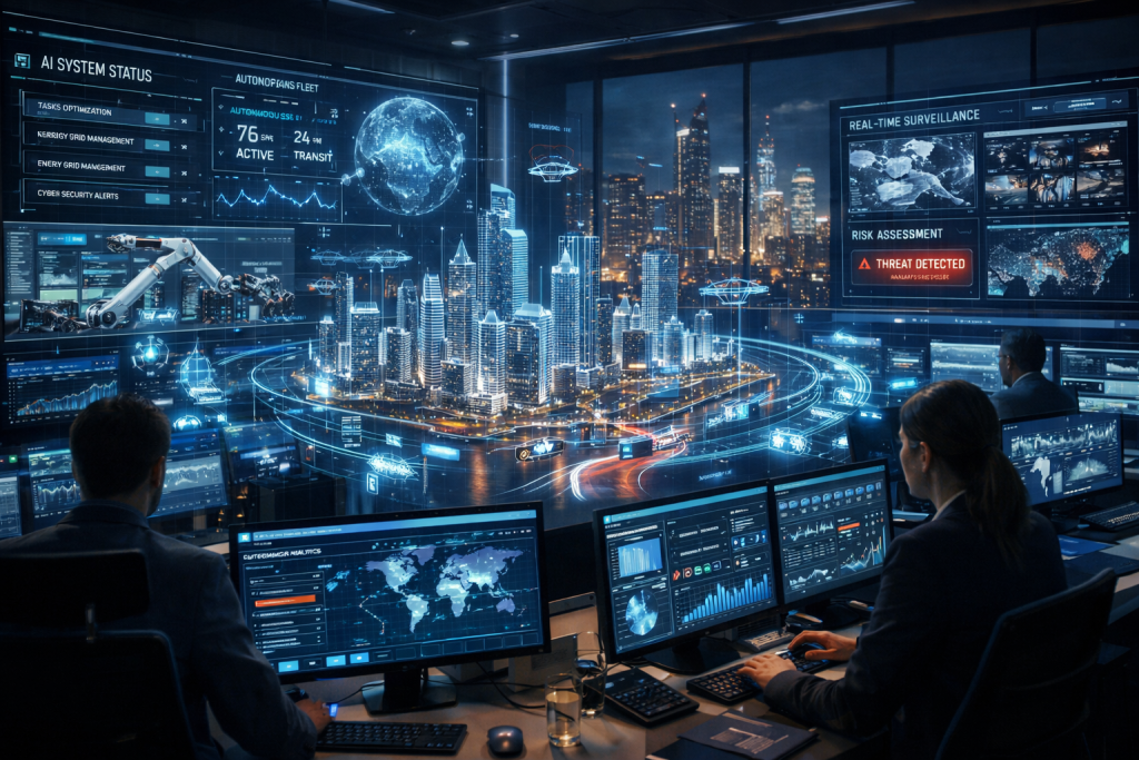 Imagen generada por IA para ilustrar de forma conceptual la integración avanzada de sistemas de IA autónomos en entornos urbanos