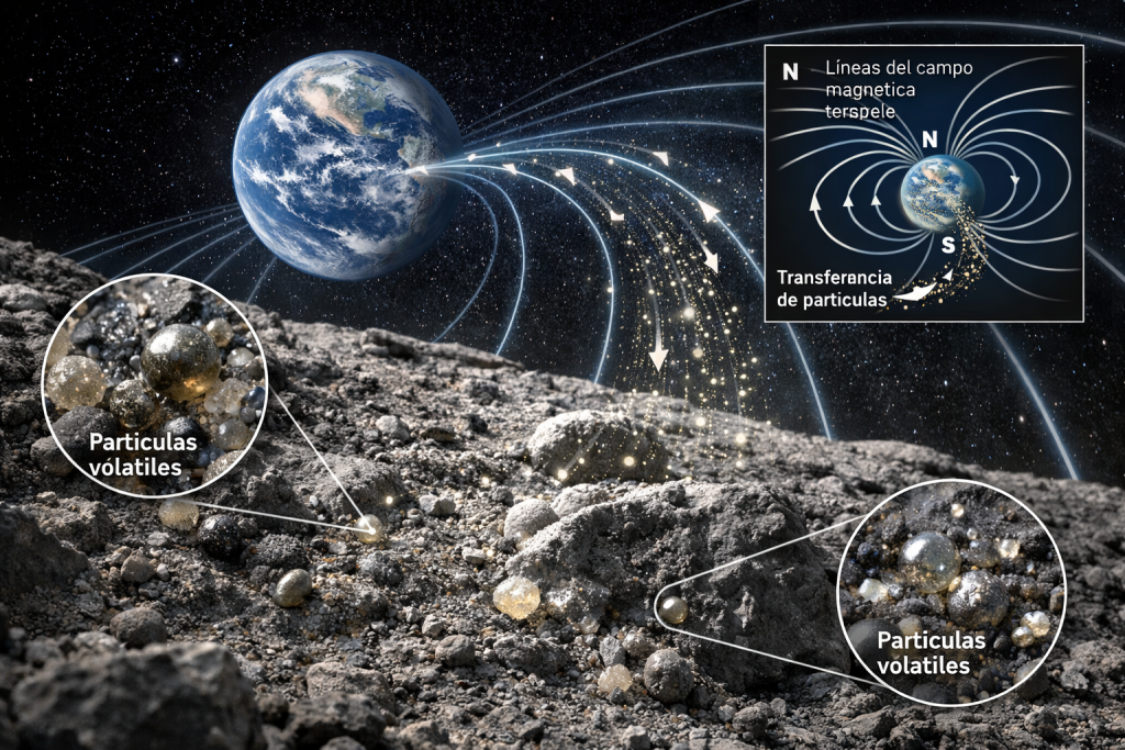 Ilustración científica generada por IA que representa la transferencia lenta de partículas atmosféricas desde la Tierra hacia el regolito lunar a lo largo de miles de millones de años