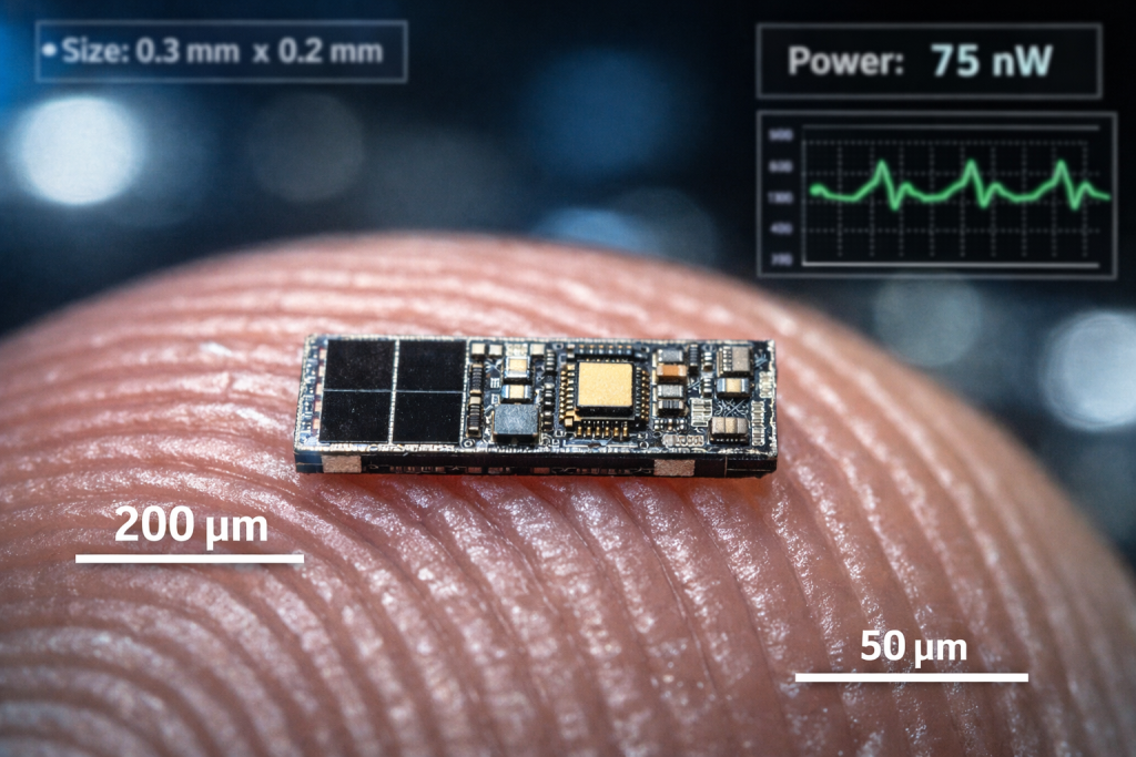 Un microrrobot autónomo, más pequeño que un grano de sal, integrado sobre la cresta de una huella dactilar, muestra hasta dónde ha llegado la miniaturización de la robótica con capacidad de decisión propia
