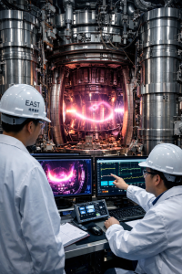 Recreación generada por IA del interior del tokamak EAST durante un experimento de fusión, basada en descripciones técnicas reales