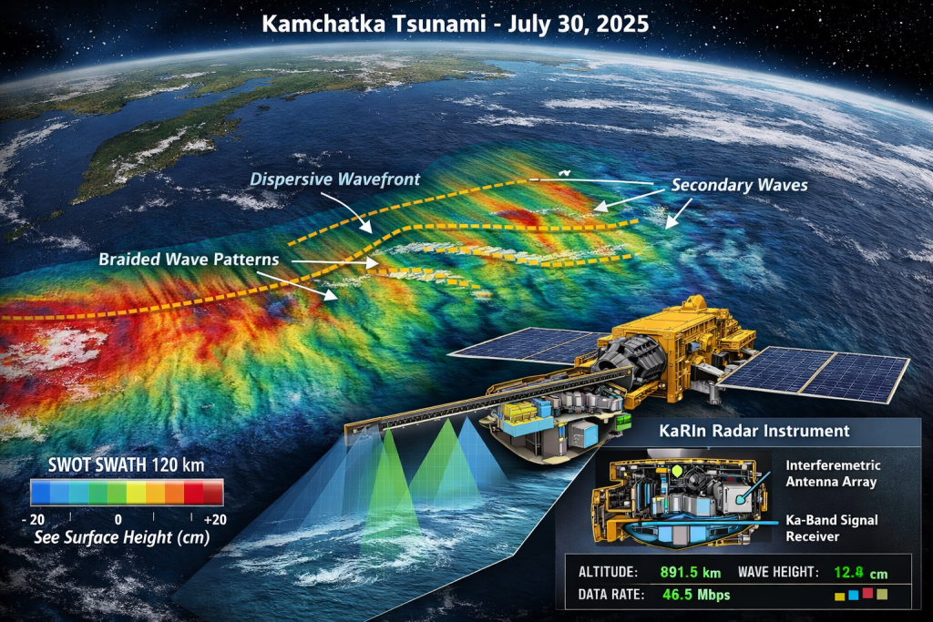 Composición generada por IA a partir de datos satelitales: el satélite SWOT registra la deformación del océano durante el tsunami de Kamchatka, revelando patrones de propagación más complejos de lo previsto por los modelos clásicos