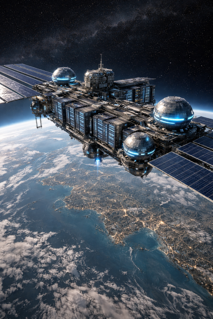 Una representación realista de cómo podrían ser los primeros centros de datos de inteligencia artificial en órbita terrestre