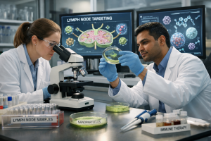 Nanopartículas bioingenierizadas diseñadas para liberar inmunoterapia directamente en los ganglios linfáticos, buscando máxima precisión antitumoral y mínima toxicidad sistémica