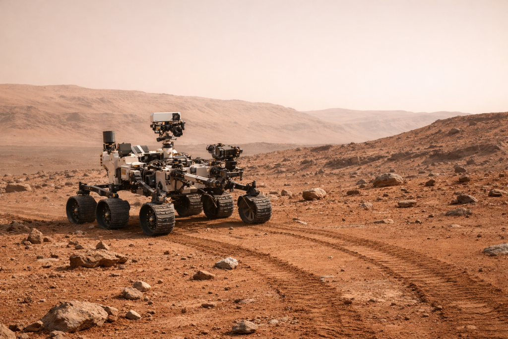 Perseverance avanza por Marte siguiendo una ruta diseñada por inteligencia artificial, un paso silencioso hacia la exploración autónoma de otros mundos. Representación generada por IA