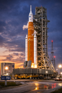 El cohete SLS con la nave Orion en la rampa LC-39B de Kennedy Space Center, mientras la NASA evalúa su retirada al VAB tras detectar una anomalía en el sistema de helio de la etapa superior que deja en el aire la ventana de lanzamiento de marzo