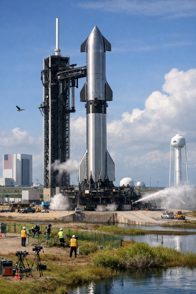 Recreación conceptual generada por IA de una futura operación de Starship en el Complejo 39A del Centro Espacial Kennedy, basada en los planes autorizados por la FAA