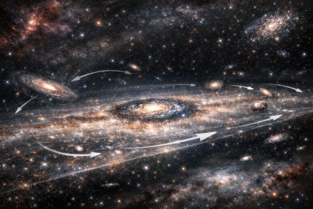 Reconstrucción artística del entorno del Grupo Local: una vasta estructura aplanada de materia, dominada por materia oscura, que podría guiar el movimiento de las galaxias cercanas a la Vía Láctea