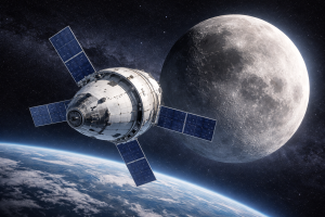 Representación generada por IA de la nave Orion rumbo a la Luna; imagen no real y no a escala