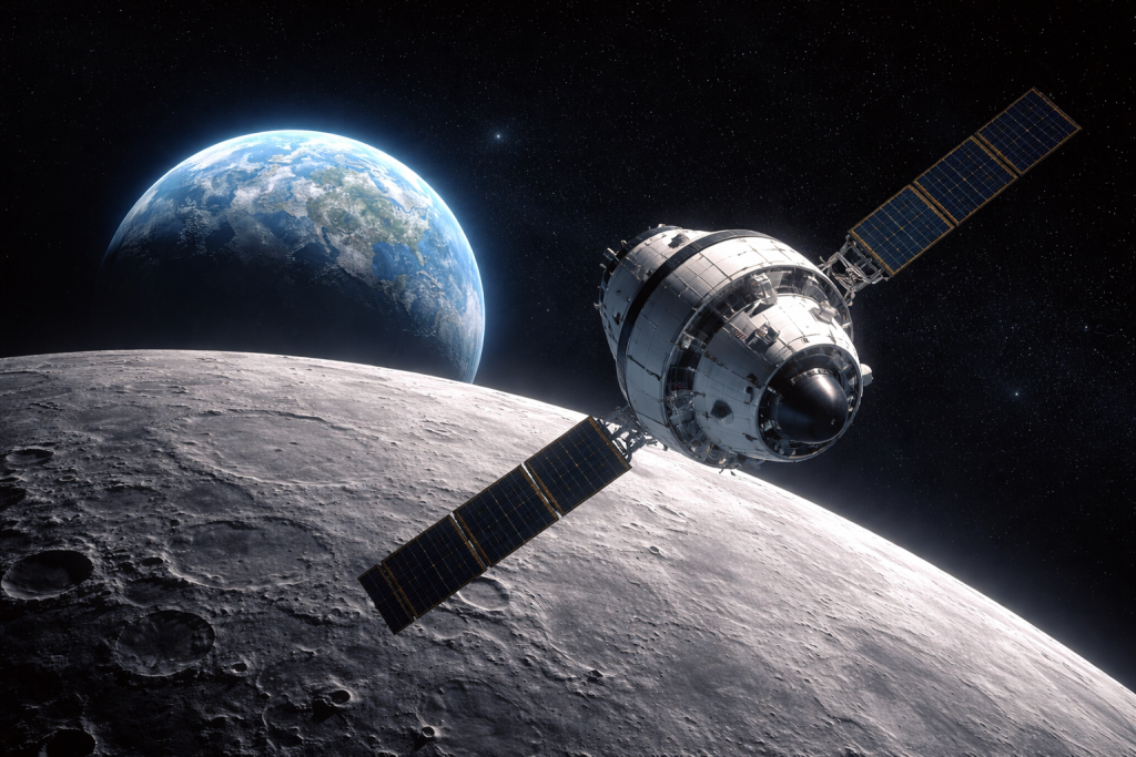 Recreación no realista y sin escala exacta del sobrevuelo de Orión durante Artemis II en las proximidades de la Luna