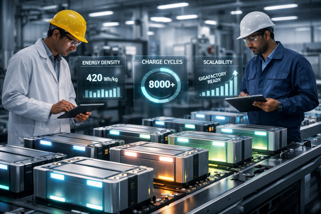 Imagen generada digitalmente: representación conceptual de una línea de producción de baterías avanzadas; no corresponde a instalaciones reales ni está a escala