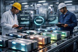 Imagen generada digitalmente: representación conceptual de una línea de producción de baterías avanzadas; no corresponde a instalaciones reales ni está a escala