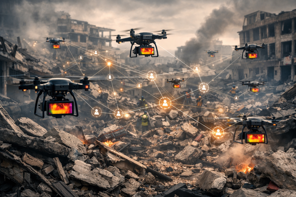 Enjambres de drones autónomos exploran el caos en busca de vida: una tecnología prometedora aún en fase experimental (imagen simulada, no a escala)