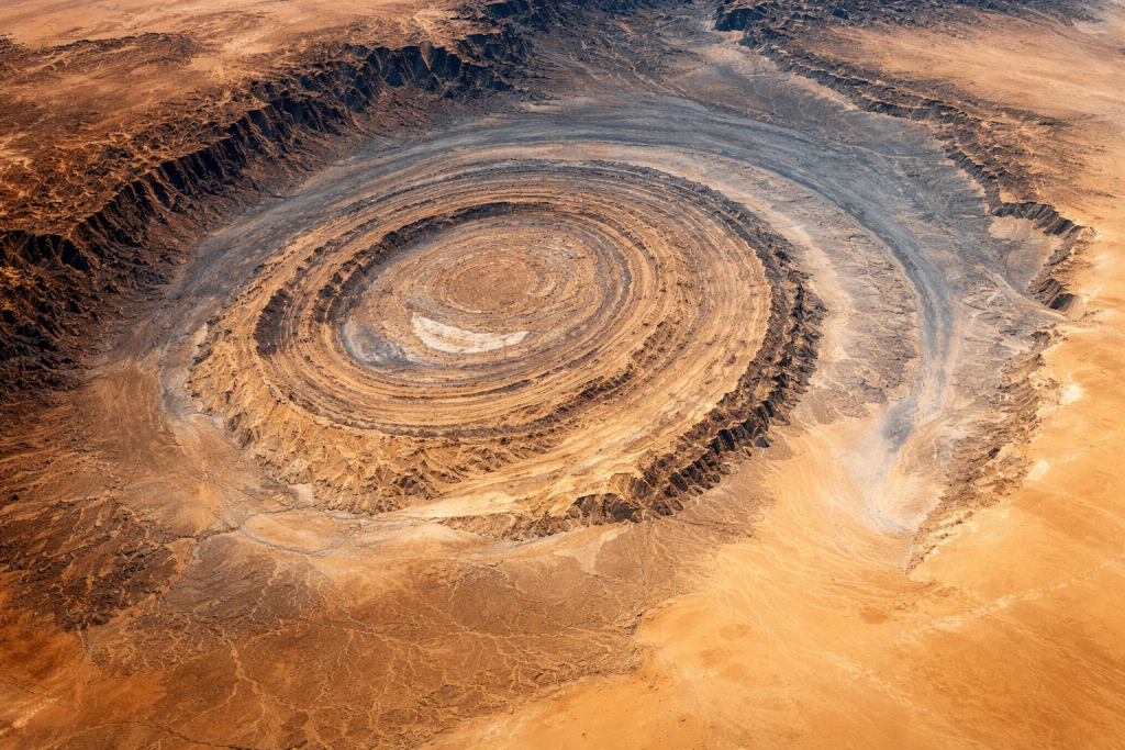 El ‘Ojo del Sáhara’ revela desde el espacio la huella de millones de años de evolución geológica. Imagen generada por IA