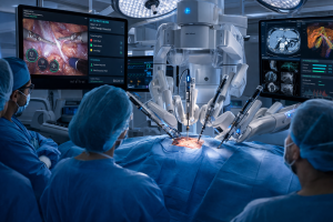 Simulación de quirófano avanzado con cirugía asistida por IA: representación visual, no real ni a escala clínica actual