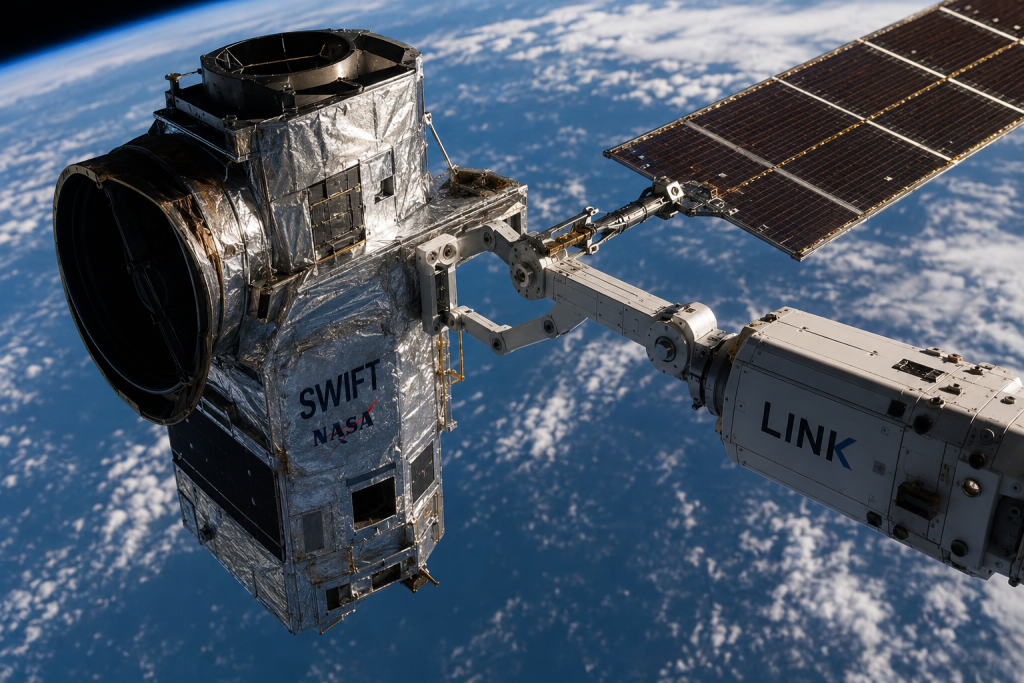 Representación artística de la nave robótica LINK acoplándose al telescopio Swift para elevar su órbita