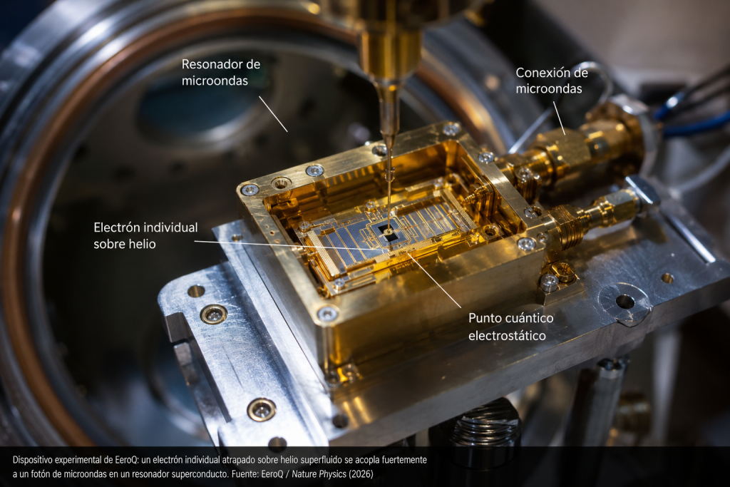 Dispositivo experimental de EeroQ: un electron individual atrapado sobre helio superfluido se acopla fuertemente a un foton de microondas en un resonador superconductor.