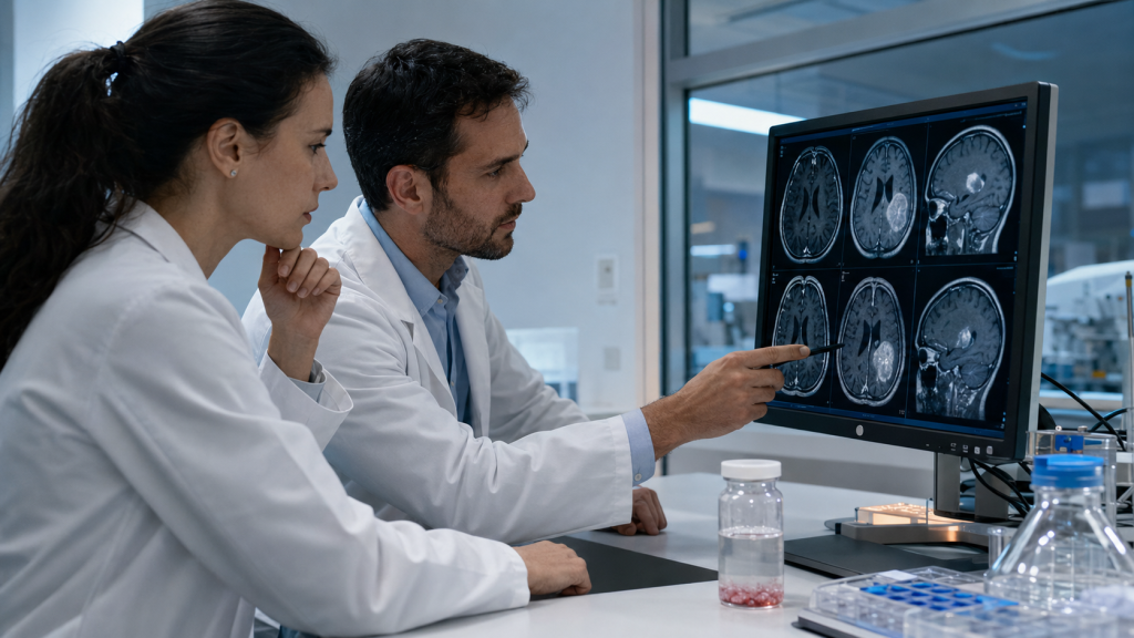 Investigadores revisan imágenes cerebrales de un glioblastoma