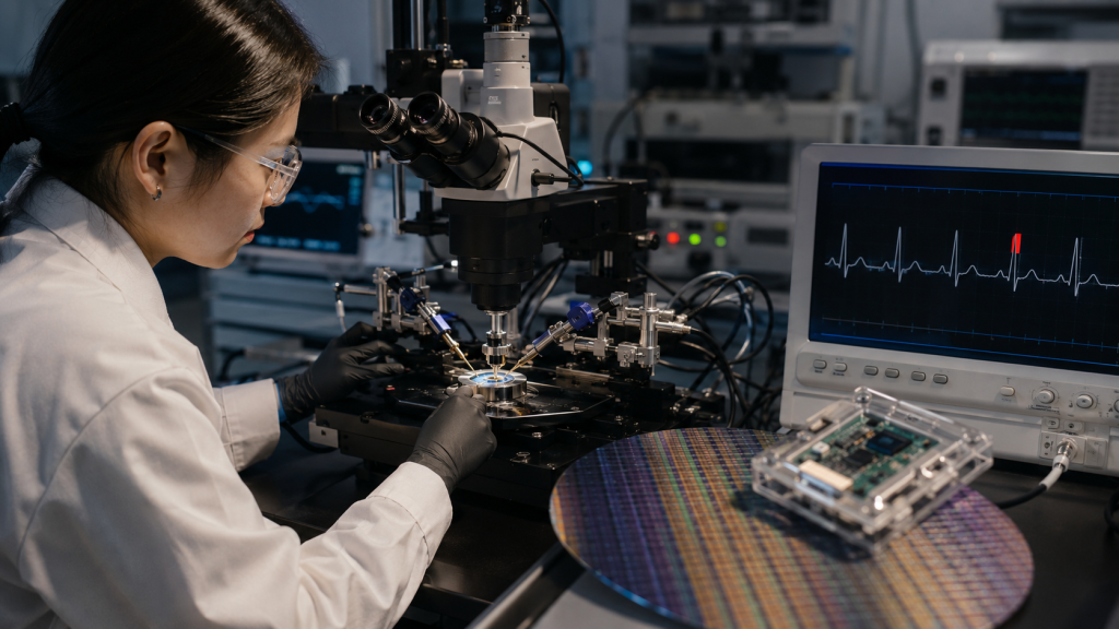 Dispositivo neuromórfico junto a una señal electrocardiográfica