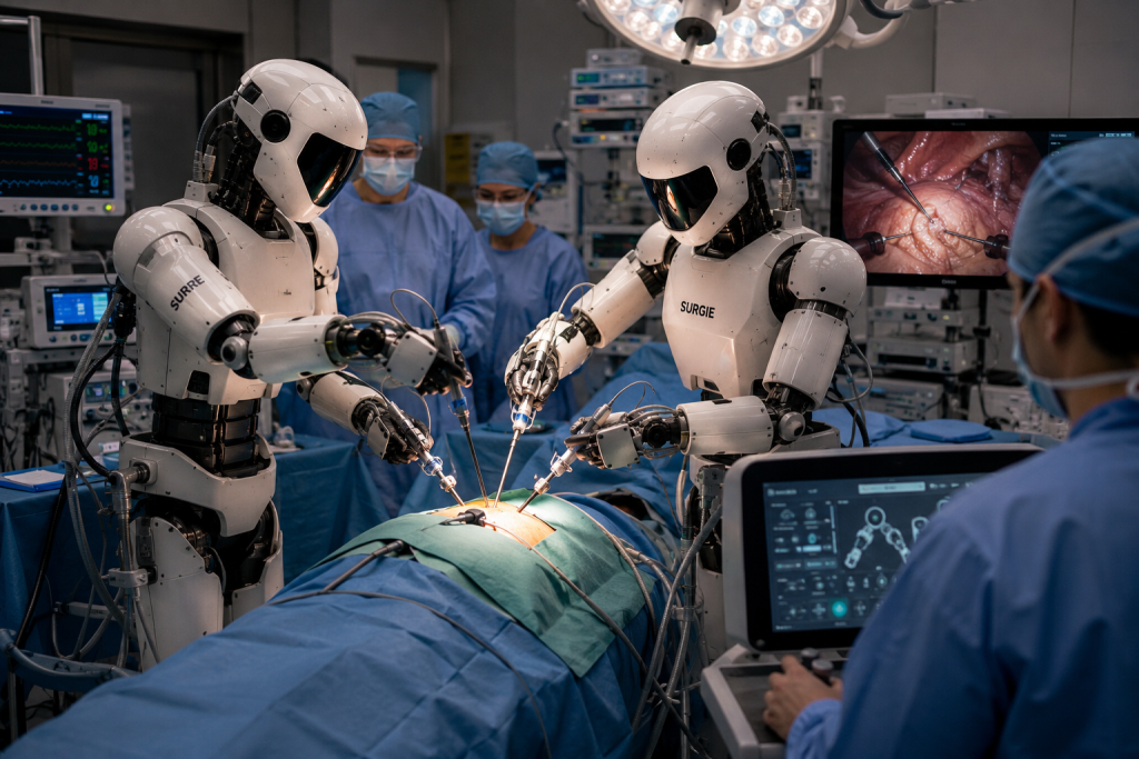 Robots humanoides operando. Representación artística generada por IA
